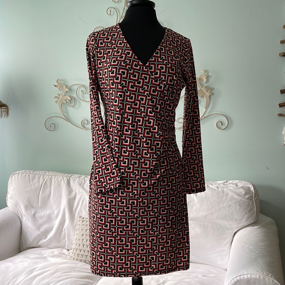 Jude Connally Cross over dress. Long sleeve. Size M. Red, Black and White